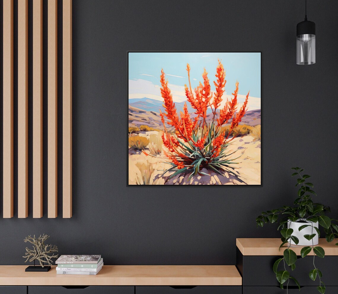 Red Ocotillo Blooms in Desert Valley With Mountain View Art Poster - Image 2