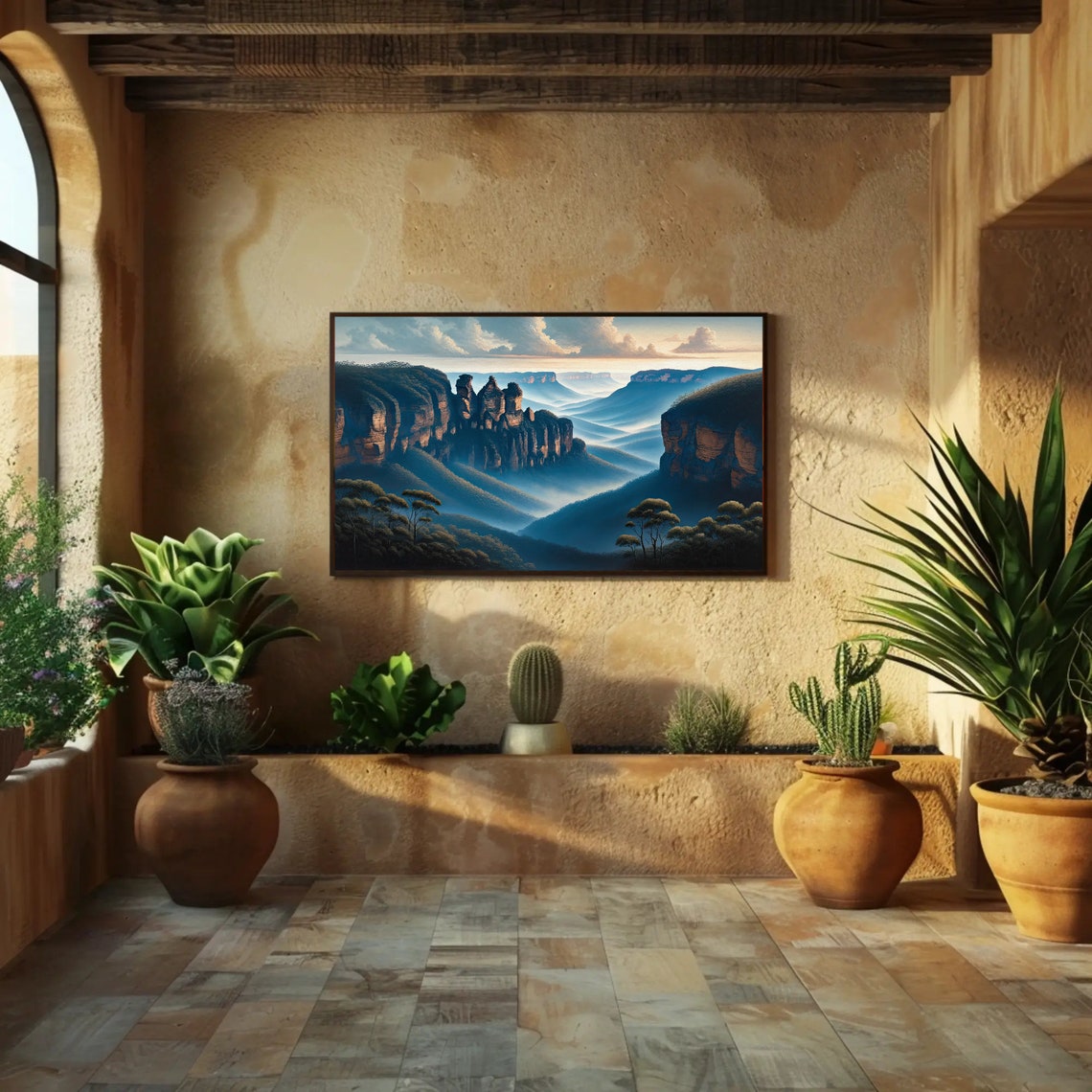 Blue Mountains Sandstone Cliffs in Soft Morning Mist Art Poster - Image 2