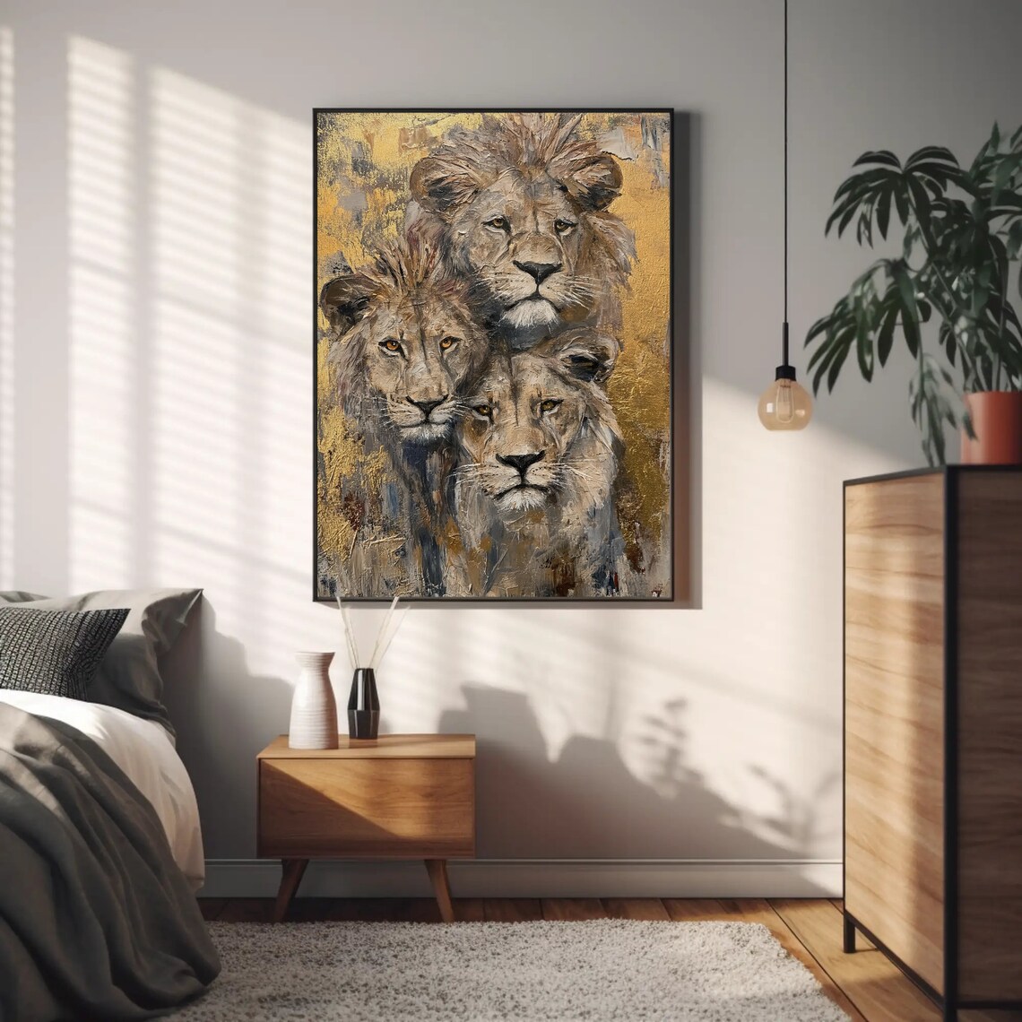 Lion Family Portrait in Gold Oil Painting Wildlife Wall Poster - Image 4