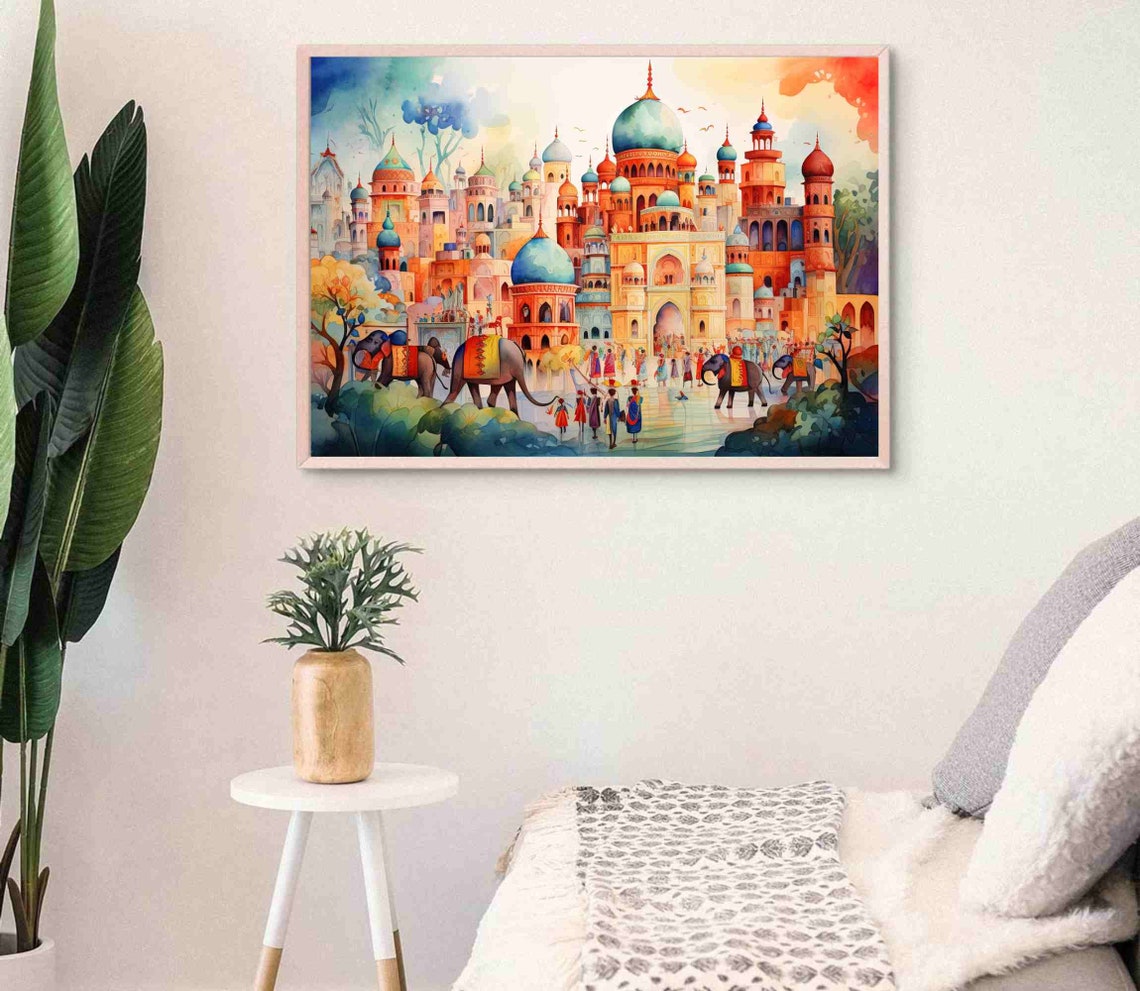 Vibrant India Palace Cityscape With Elephants Watercolor Poster - Image 3