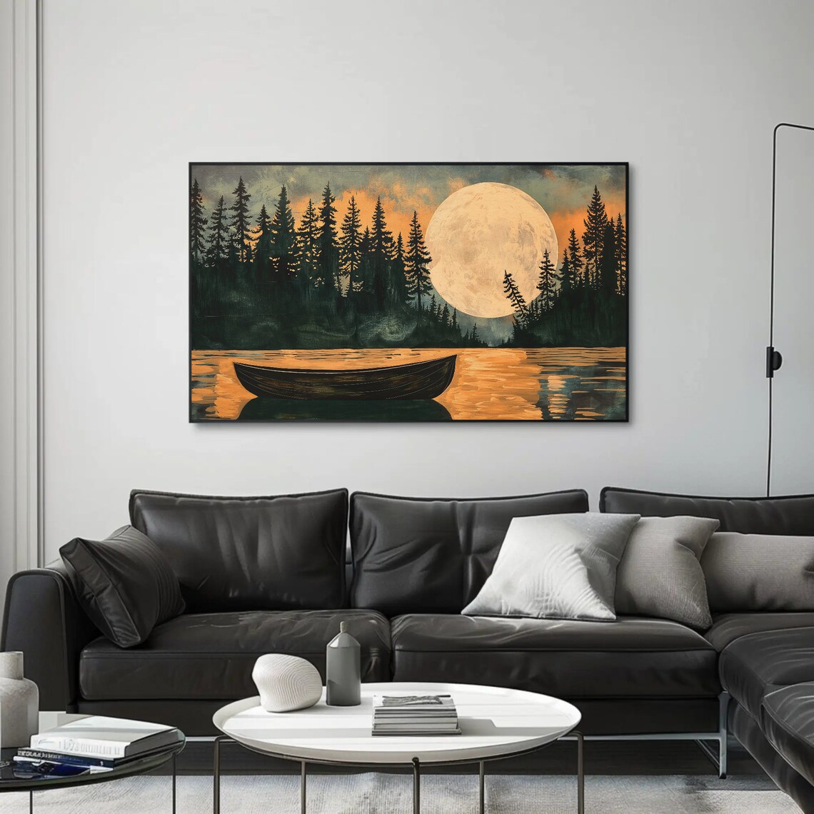 Rowboat On Moonlit Lake With Full Moon And Pine Forest Poster - Image 5