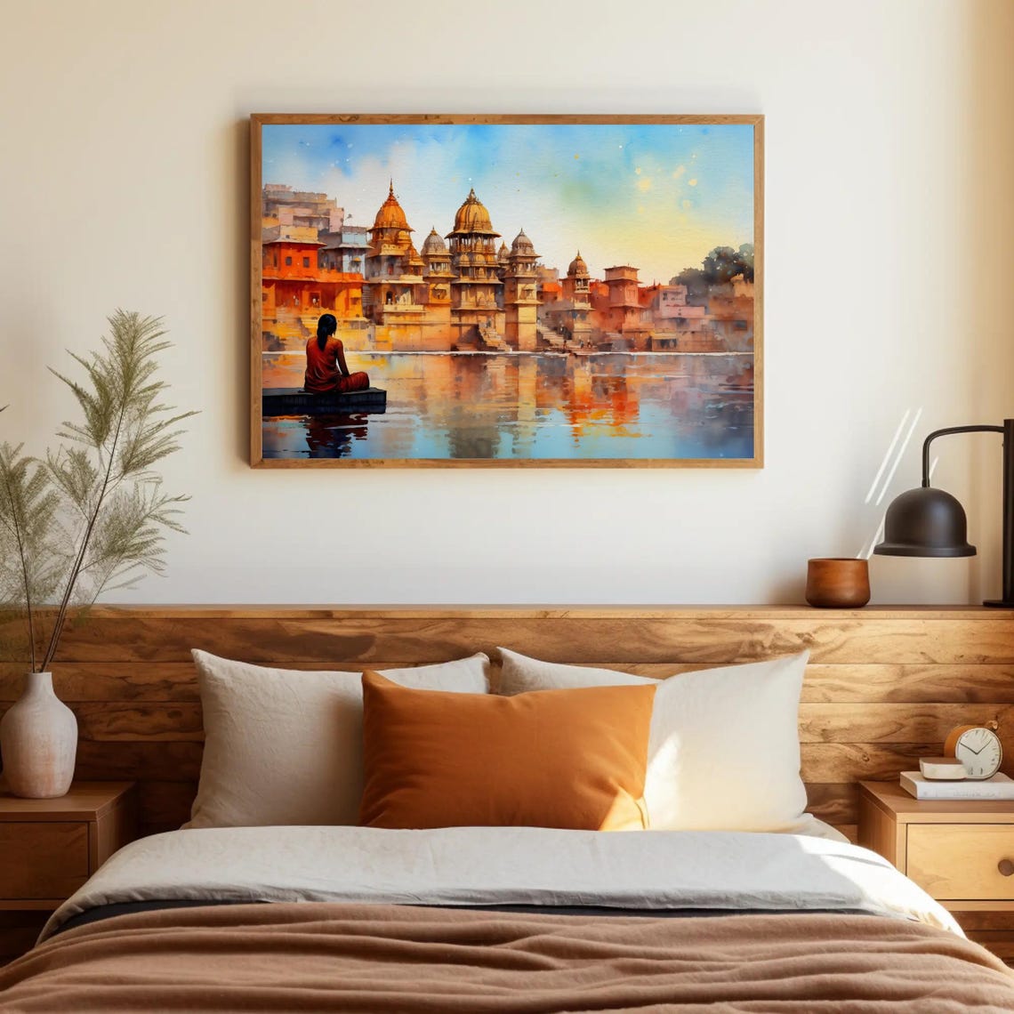 Indian Riverside Temples at Sunrise With Seated Devotee Poster - Image 3