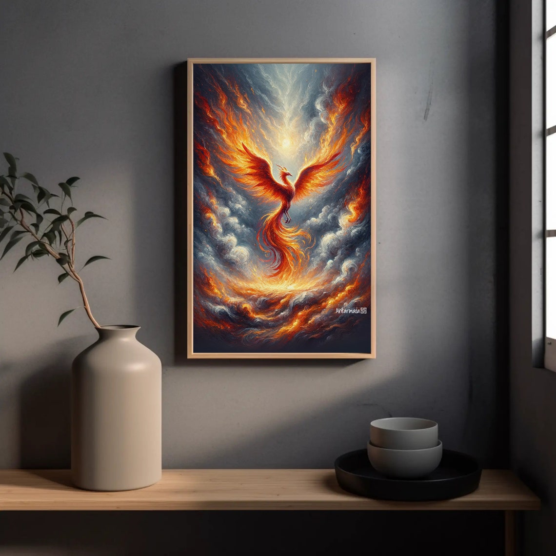 Flaming Phoenix Rising Through Storm Clouds Fantasy Art Poster - Image 2