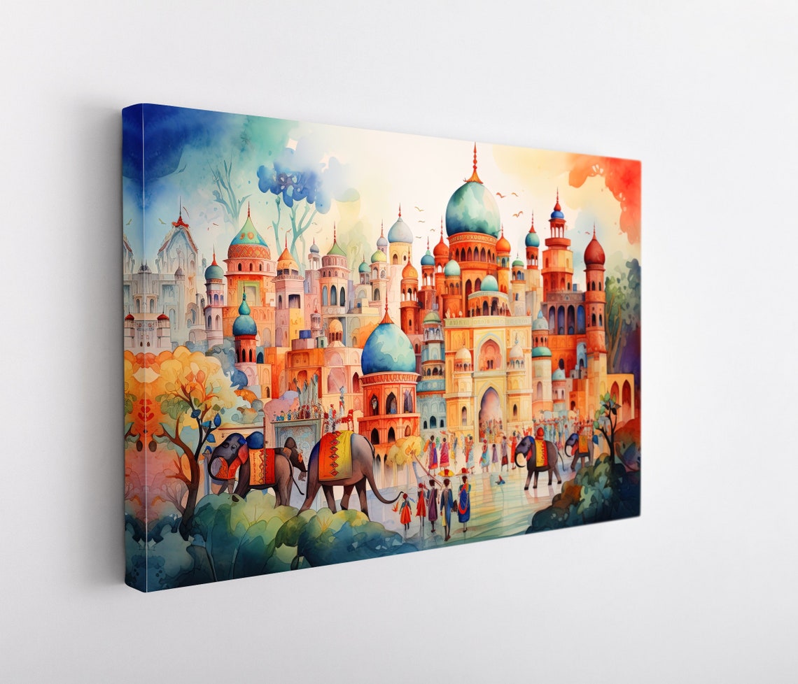 Vibrant India Palace Cityscape With Elephants Watercolor Poster - Image 4