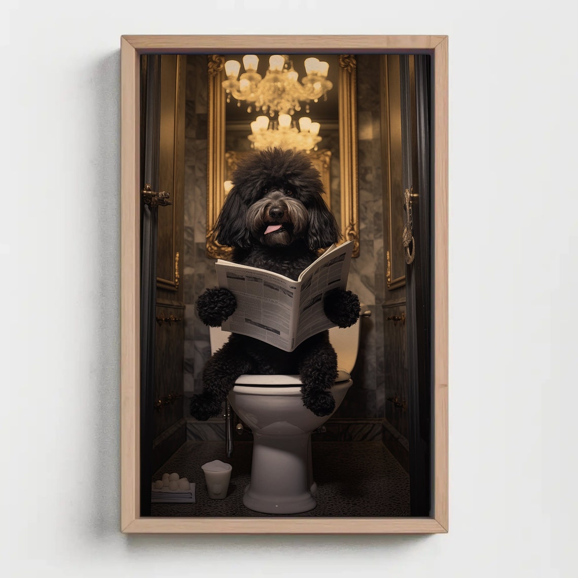 Funny Black Doodle Dog Reading a Newspaper on the Toilet Poster