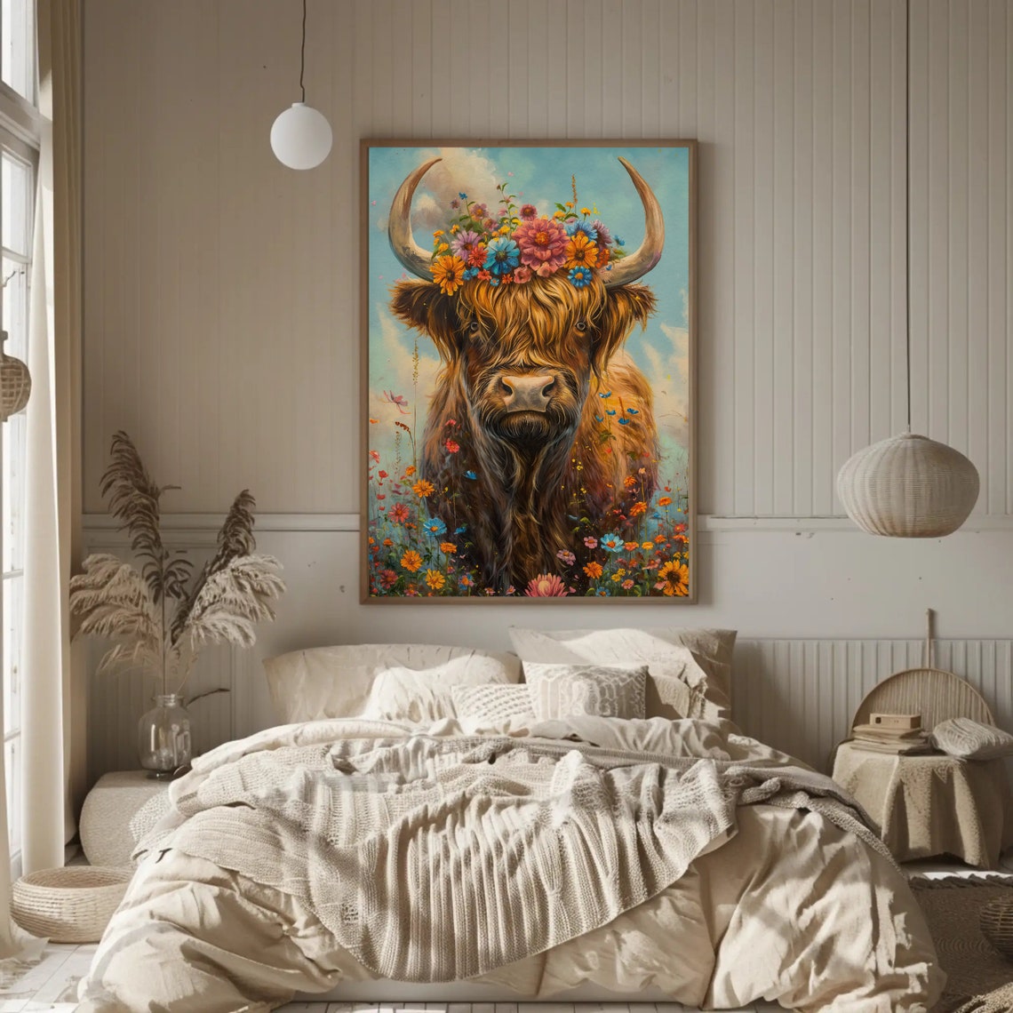 Highland Cow Print Cottage Wall Decor Scottish Print Scottish Cow Wall Art Scotland Painting Wildflowers Cow Painting Ready To Hang - Image 2