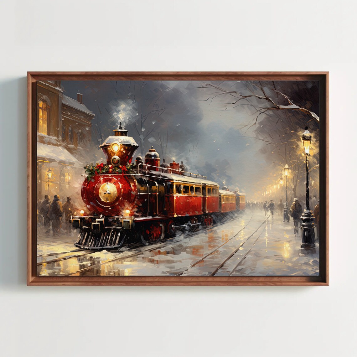 Vintage Red Steam Train Christmas Snowy Night Holiday Scene Poster