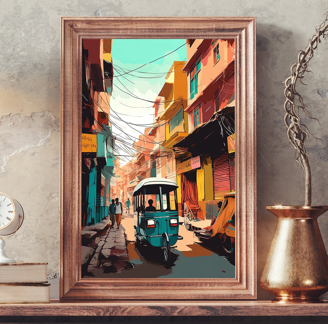 Delhi Street Blue Auto Rickshaw Tangled Wires Old Town Art Poster - Image 2