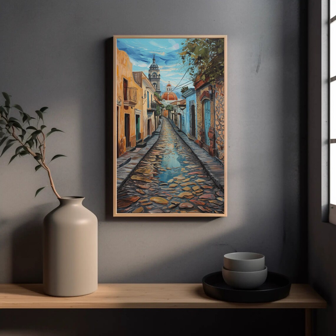 Old Mexican Cobblestone Street Church Watercolor Travel Poster - Image 3