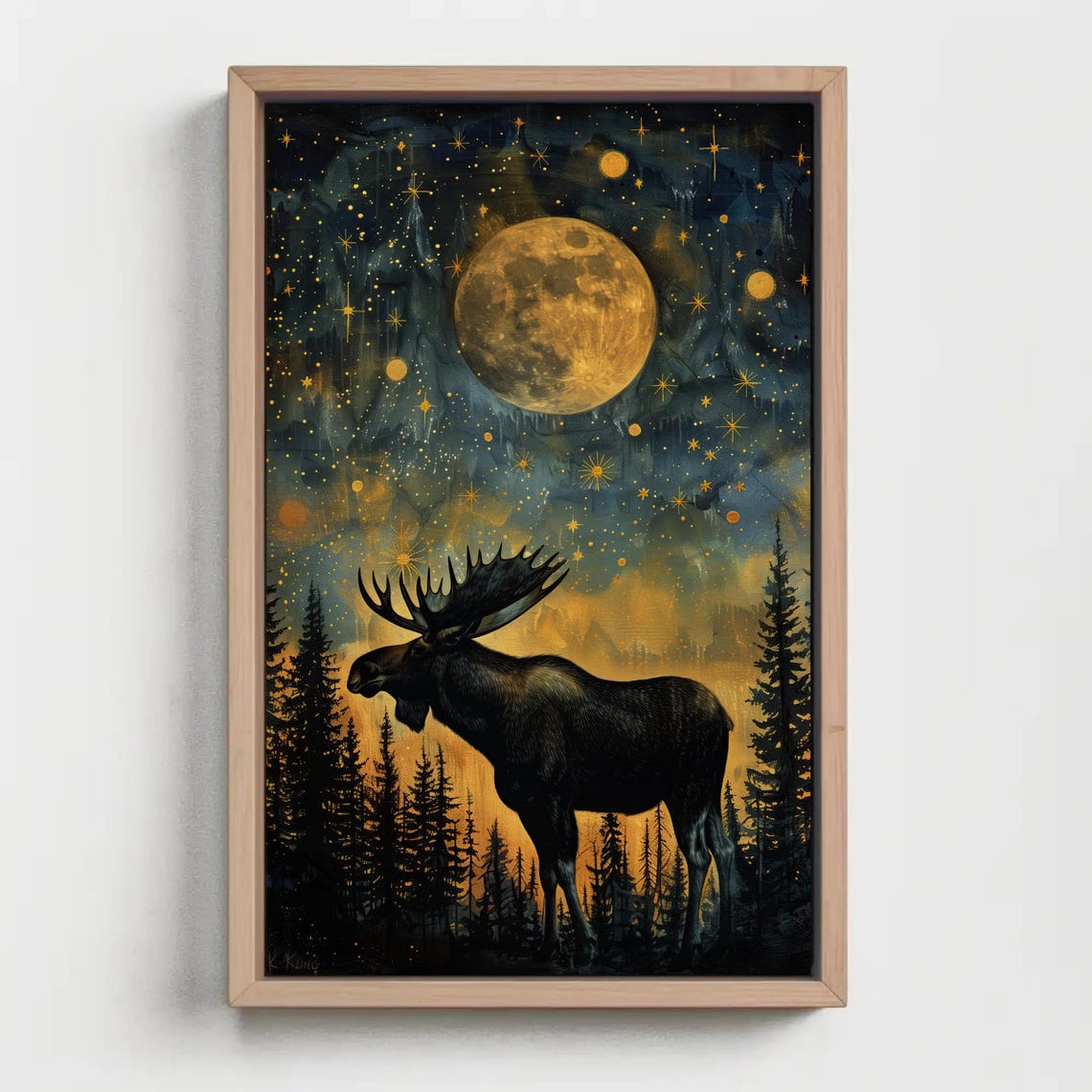 Moose Starry Night Giant Golden Moon Pine Forest Silhouette Poster - Image 4