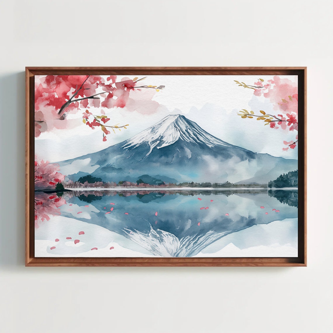 Mount Fuji with Cherry Blossoms Reflection Watercolor Poster