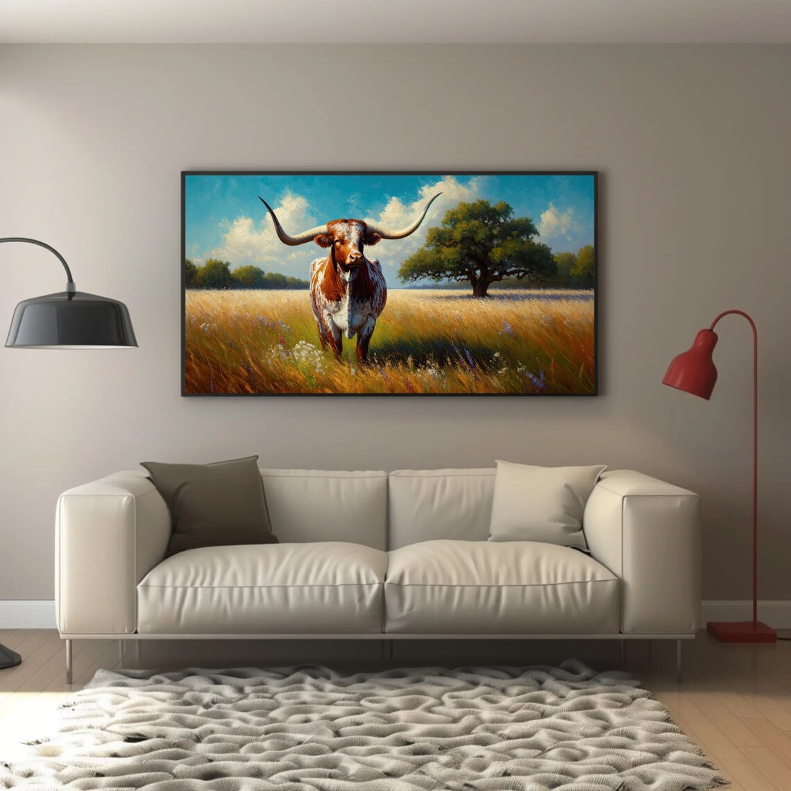 Texas Longhorn Cow In Golden Meadow Wildflowers Oil Painting Poster - Image 4