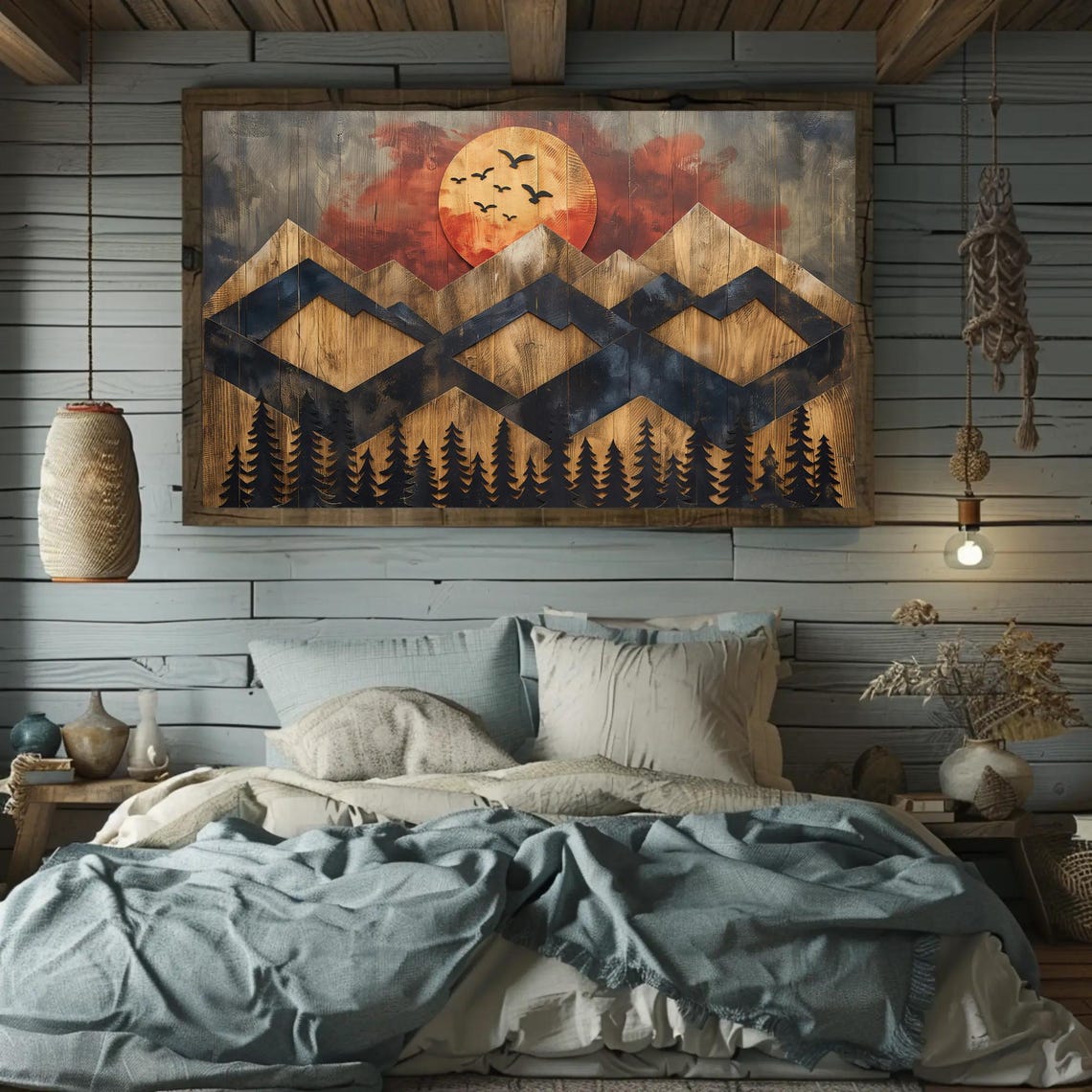 Sunset Mountain Wooden Geometric Pine Forest Landscape Poster - Image 3