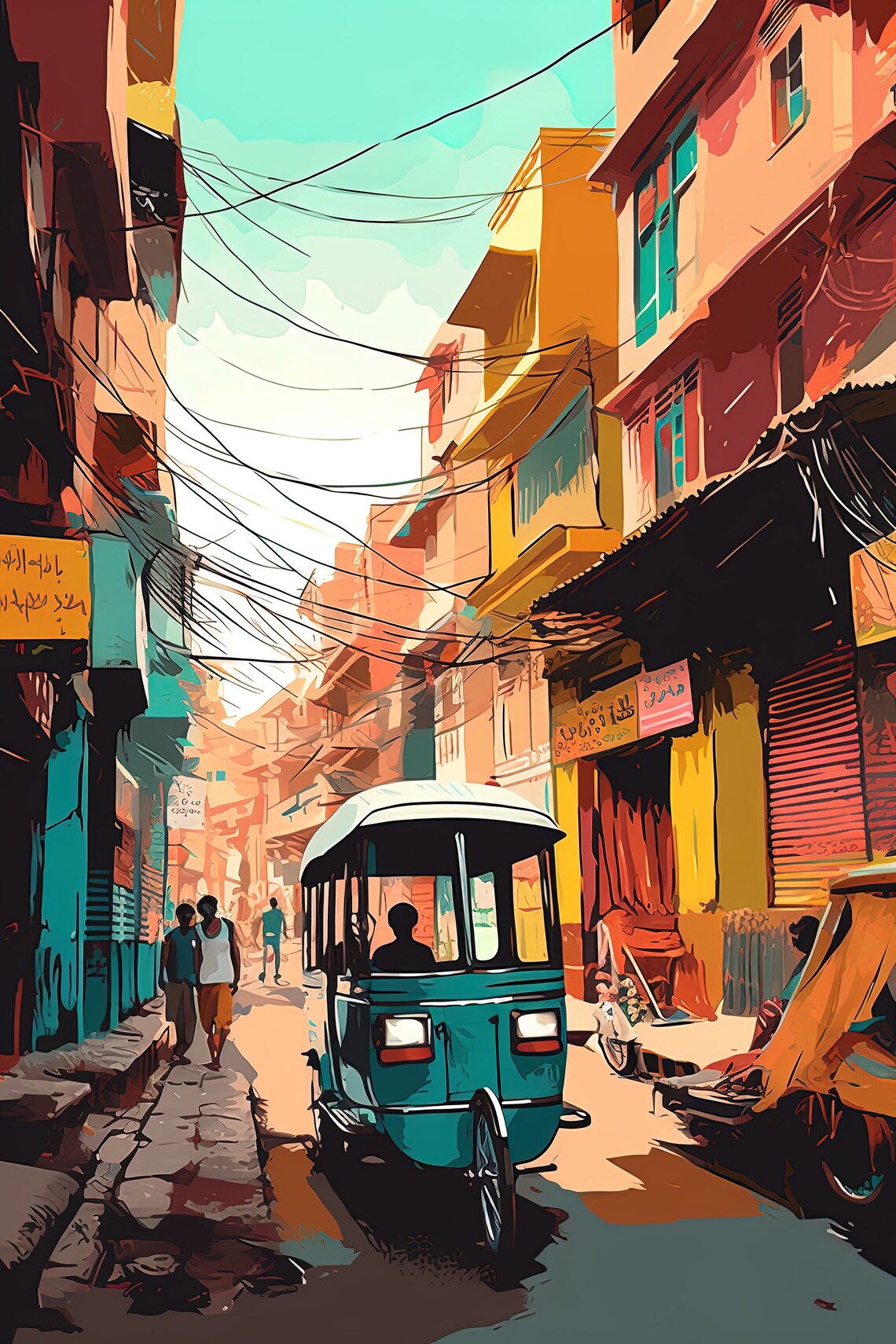 Delhi Street Blue Auto Rickshaw Tangled Wires Old Town Art Poster - Image 4