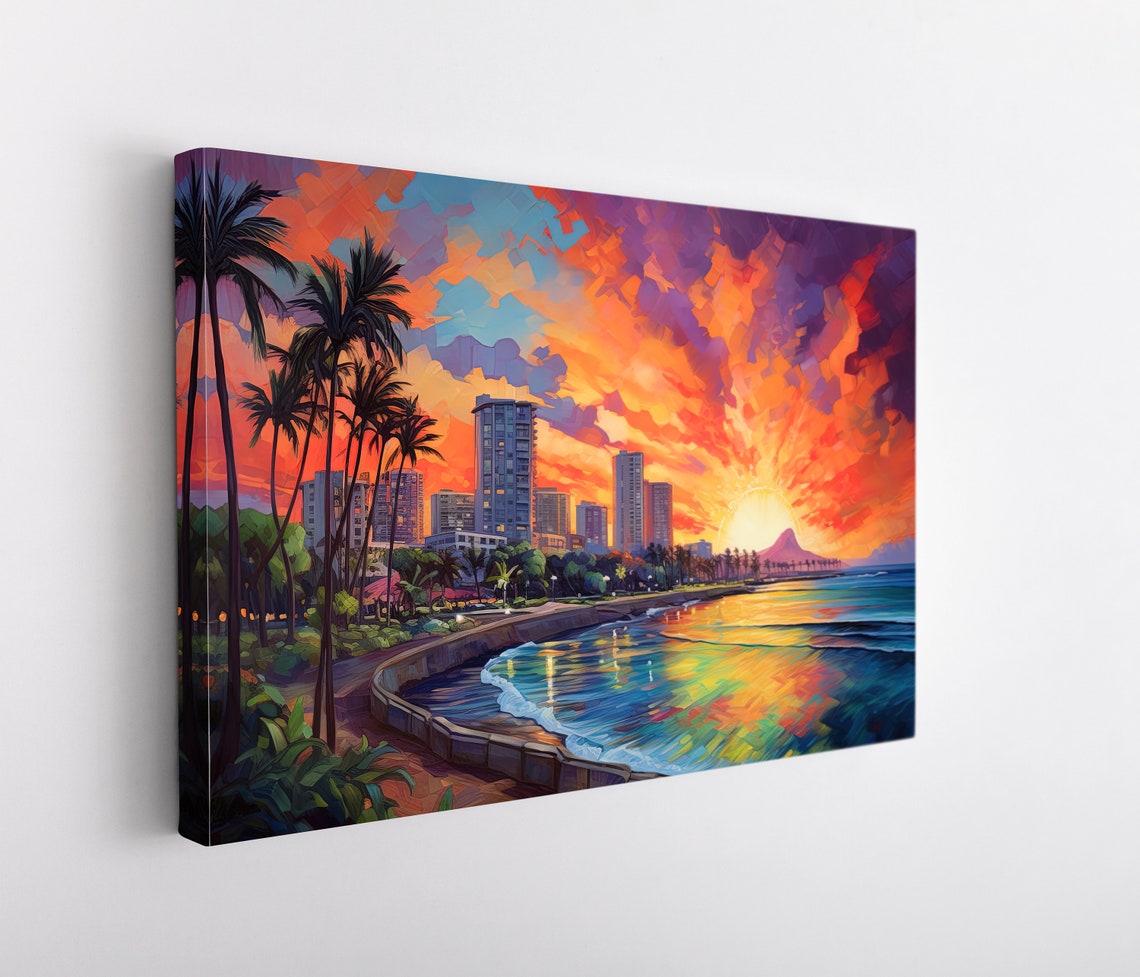 Honolulu Waikiki Beach Sunset Skyline in Painterly Style Poster - Image 5