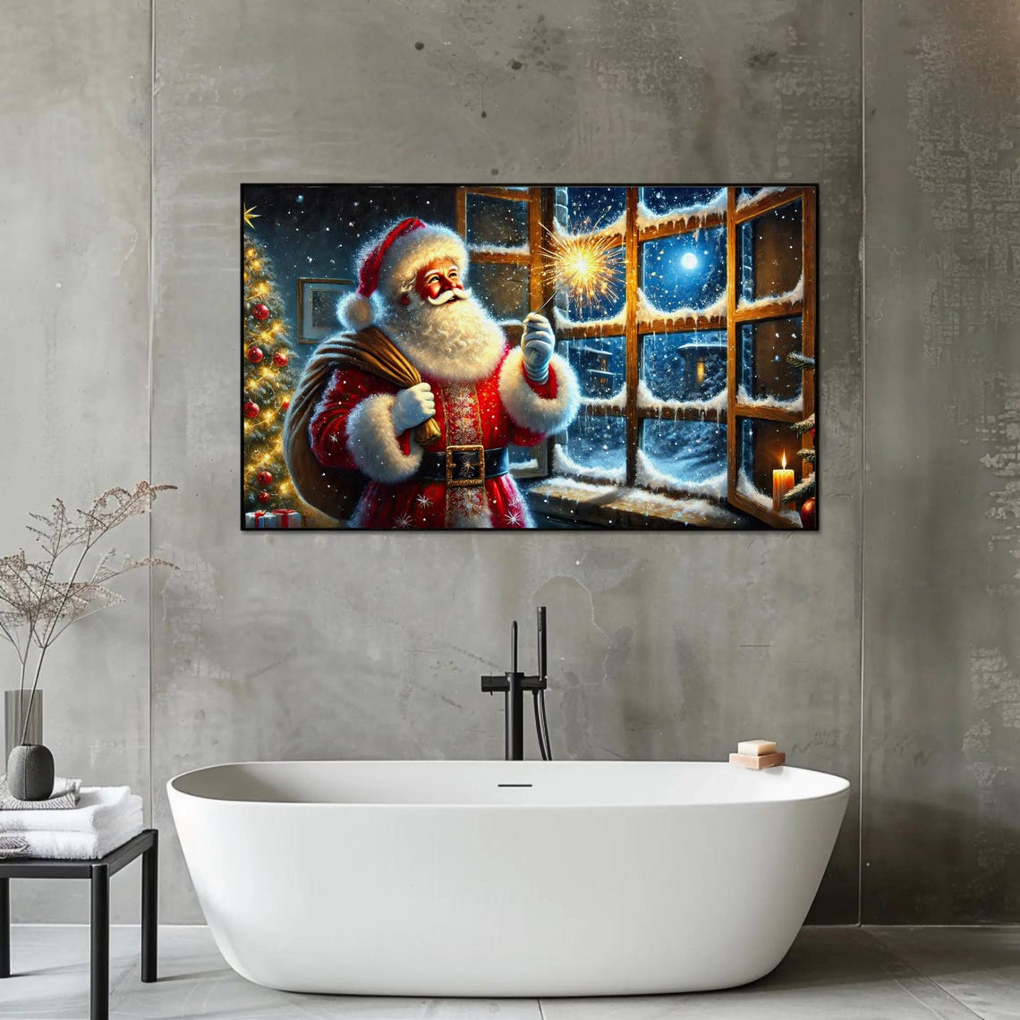 Santa Claus Holding A Sparkler By A Snowy Night Window Poster - Image 3