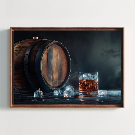 Whiskey Barrel with Crystal Glass Ice Dark Moody Bar Drink Poster