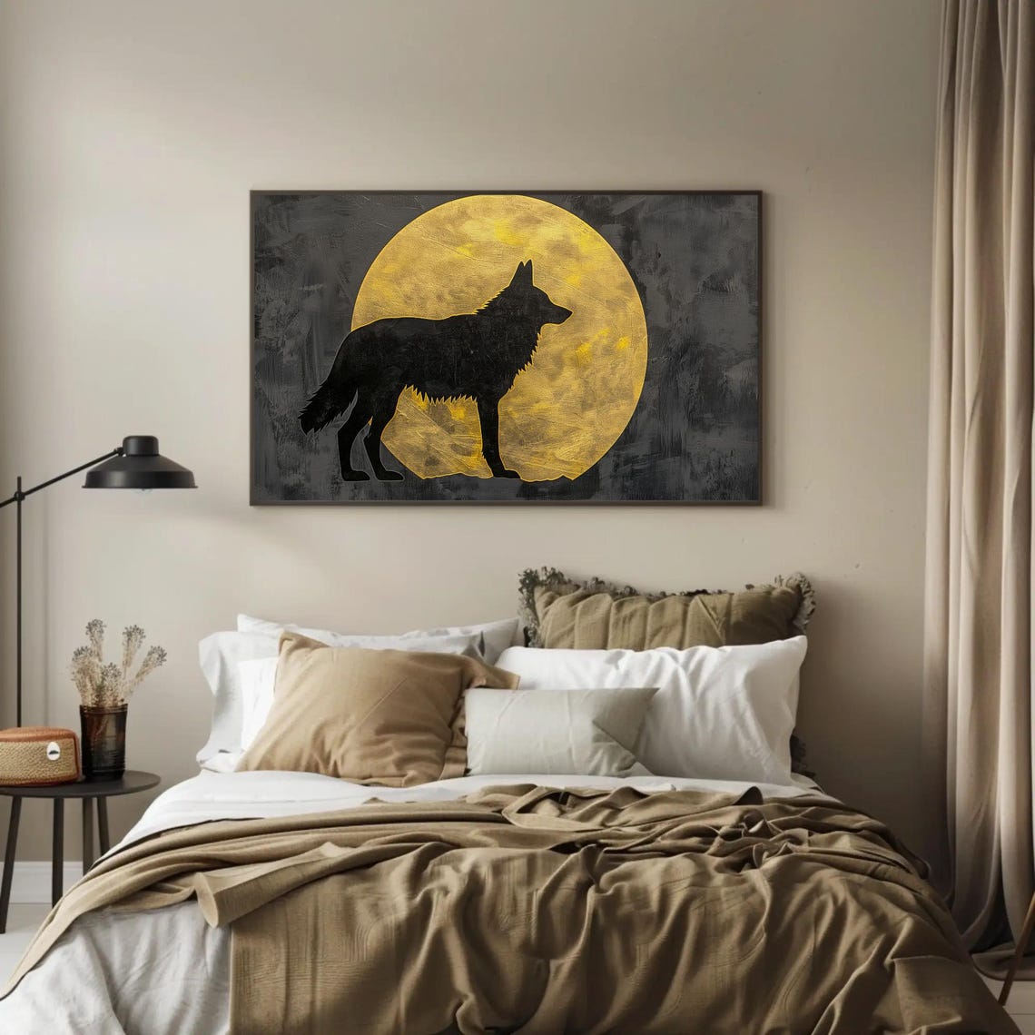Black Wolf Silhouette Against A Large Golden Moon Night Poster - Image 3