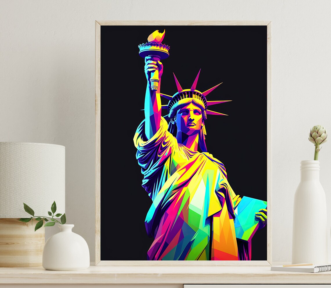 Statue of Liberty in Neon Pop Art on a Black Background Poster
