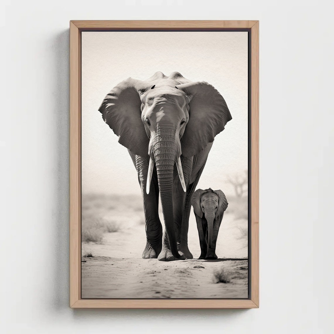 Elephant and Calf Black and White Desert Wildlife Photography Poster - Image 4