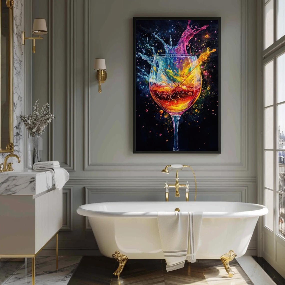 Colorful Wine Glass Splash Erupting on Black Background Art Poster - Image 2