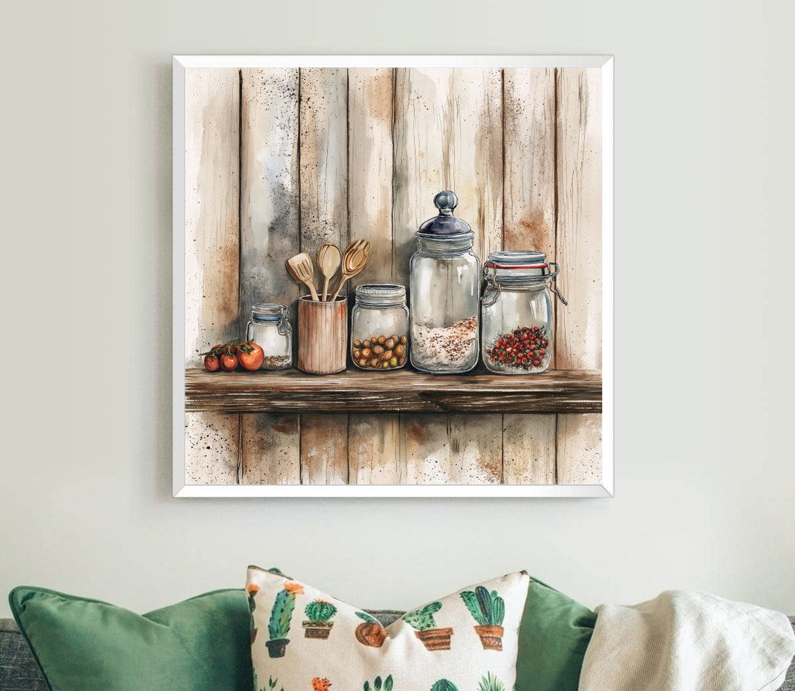 Rustic Kitchen Shelf With Mason Jars Watercolor Farmhouse Wall Print - Image 2