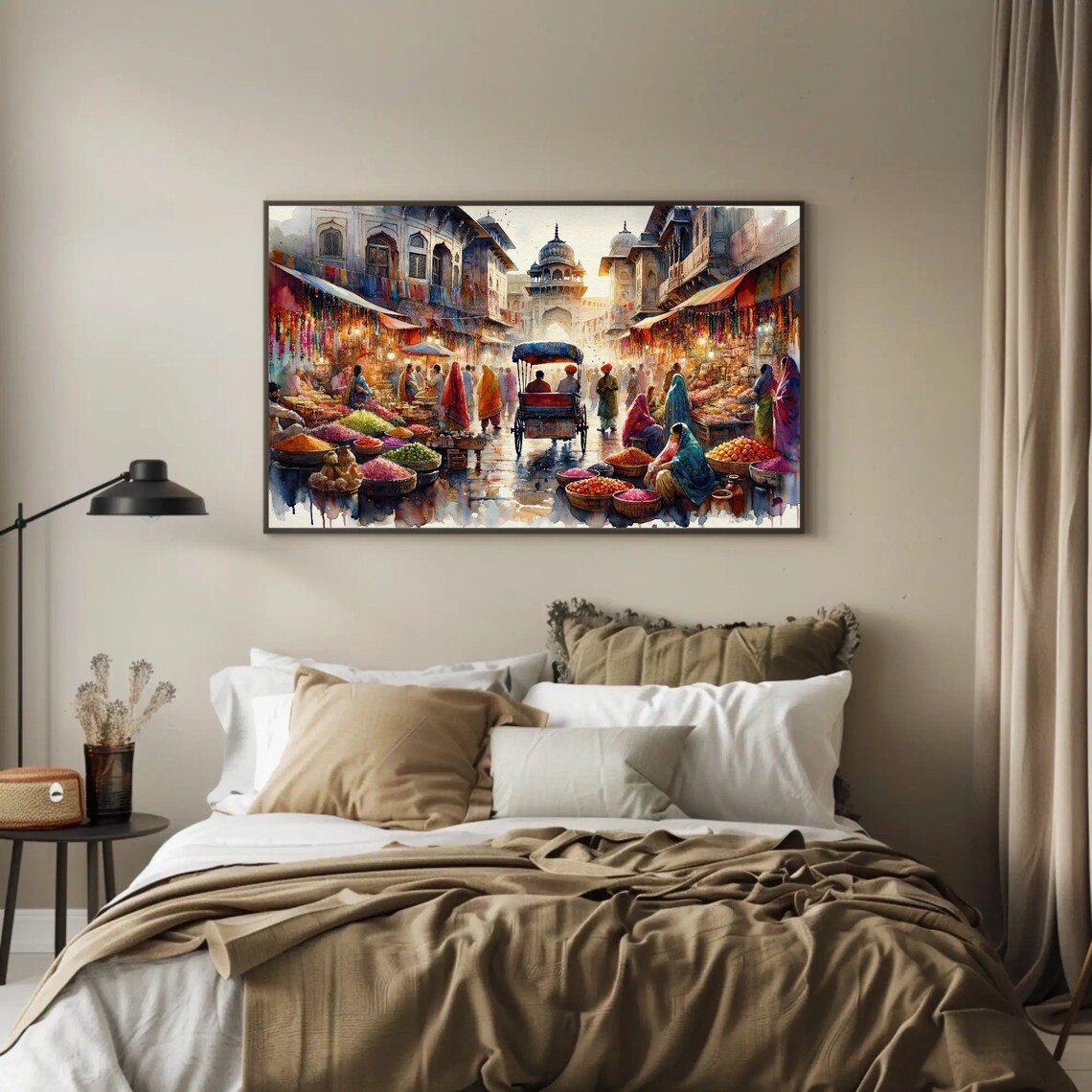 Indian Bazaar Spice Market Bustling Watercolor Street Scene Poster - Image 3