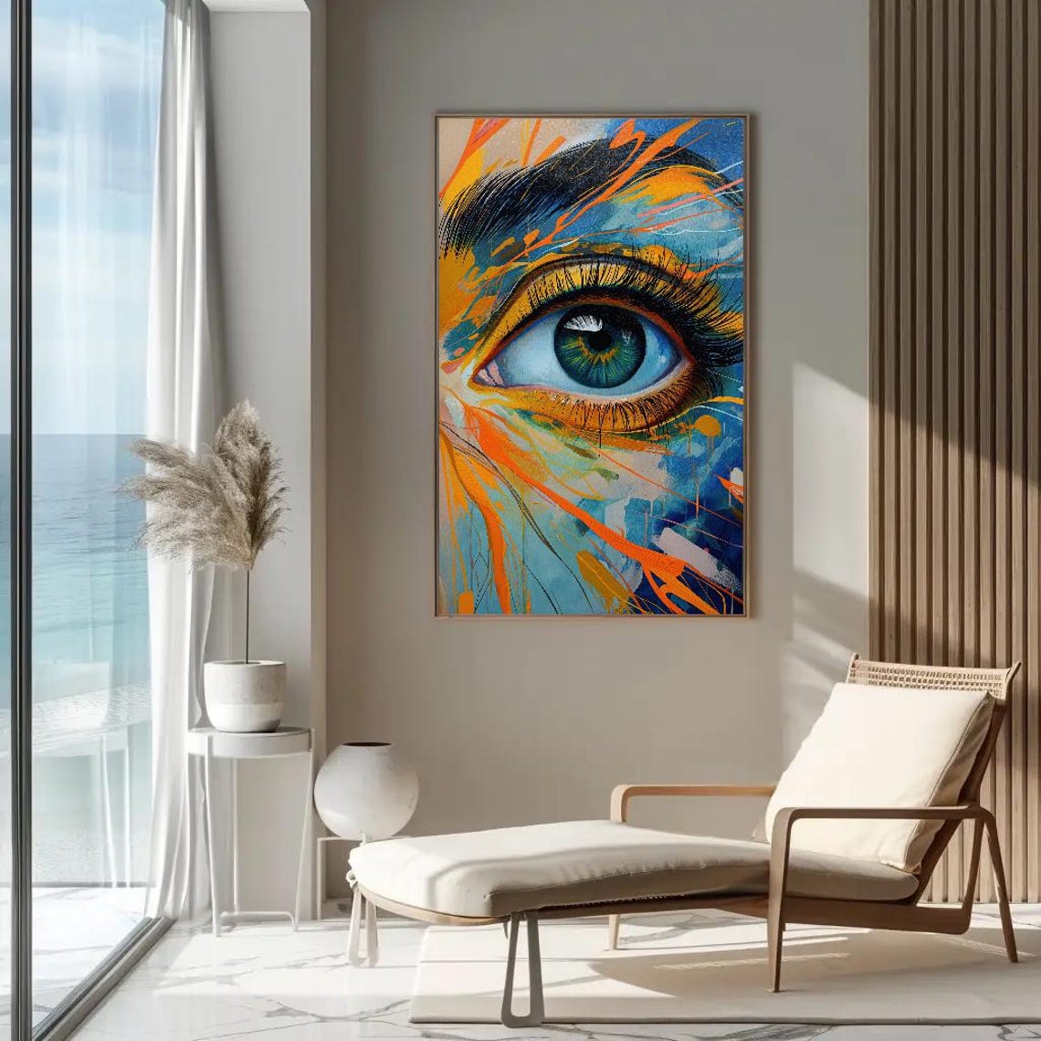 Abstract Blue Eye With Bold Orange And Gold Paint Splashes Wall Art - Image 3