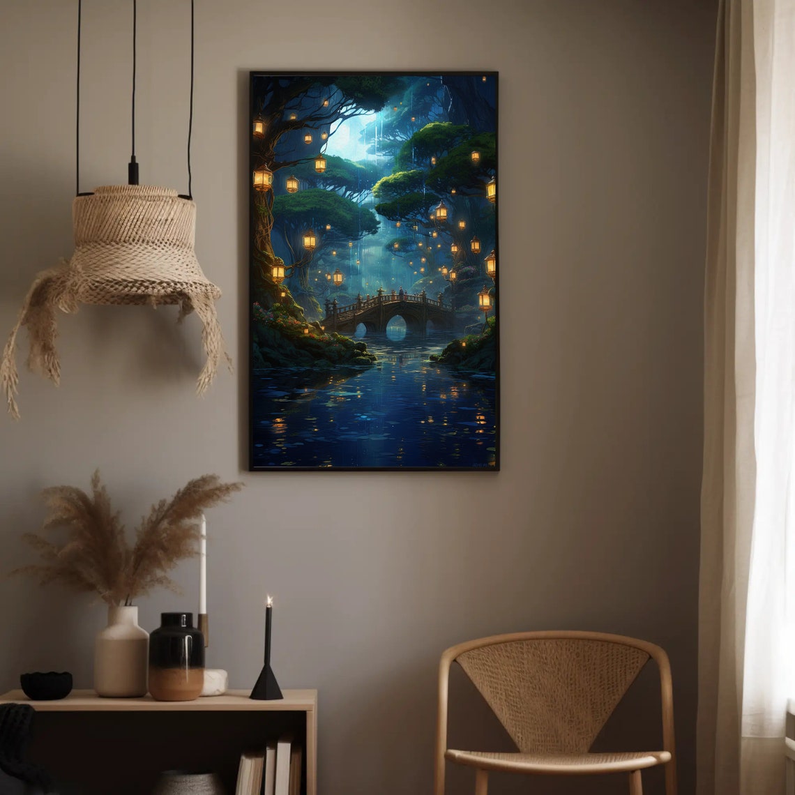 Jungle River Stone Bridge Glowing Lanterns Night Fantasy Poster - Image 5