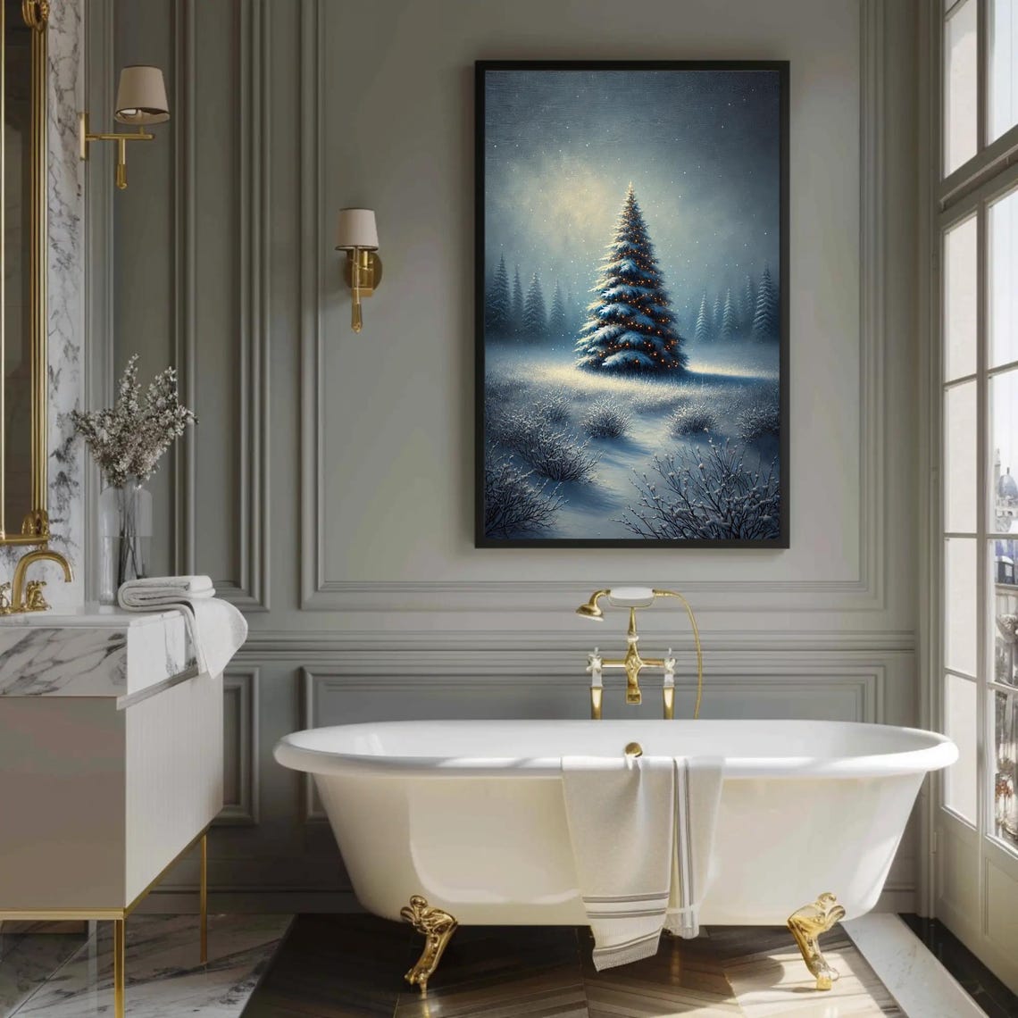 Snowy Pine Tree Glowing In A Misty Winter Night Scene Poster - Image 4