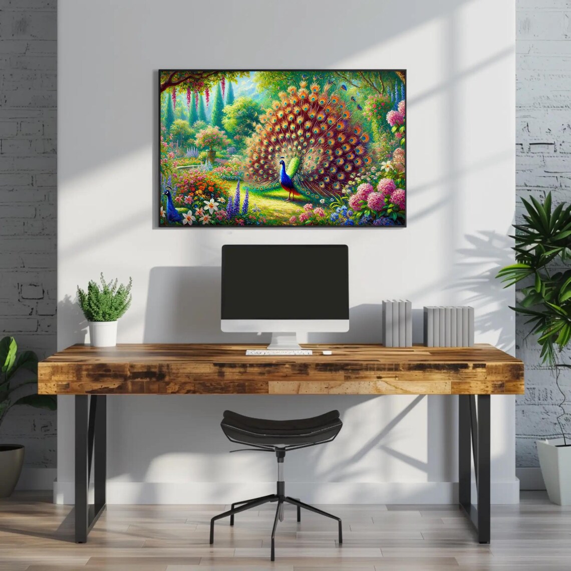 Majestic Peacock With Fanned Tail In Blooming Flower Garden Poster - Image 3