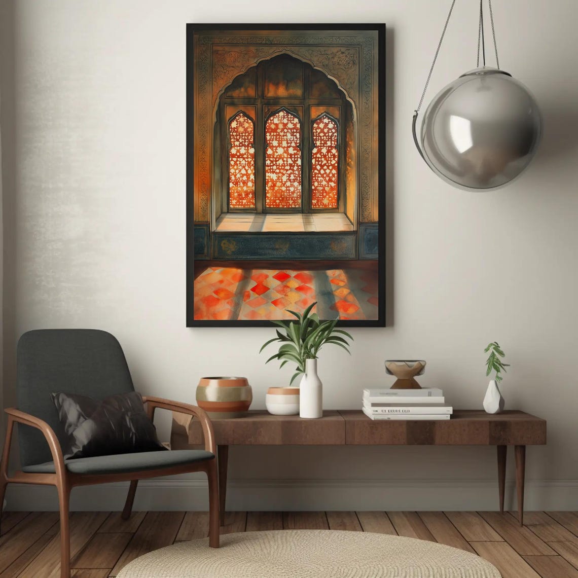 Rajasthani Haveli Window with Glowing Red Jaali Lattice Screens Poster - Image 4
