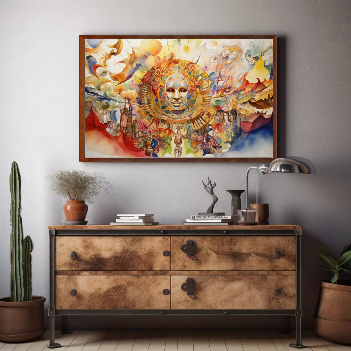 Sun Face Folk Art Colorful Watercolor Mexican Festival Poster - Image 2