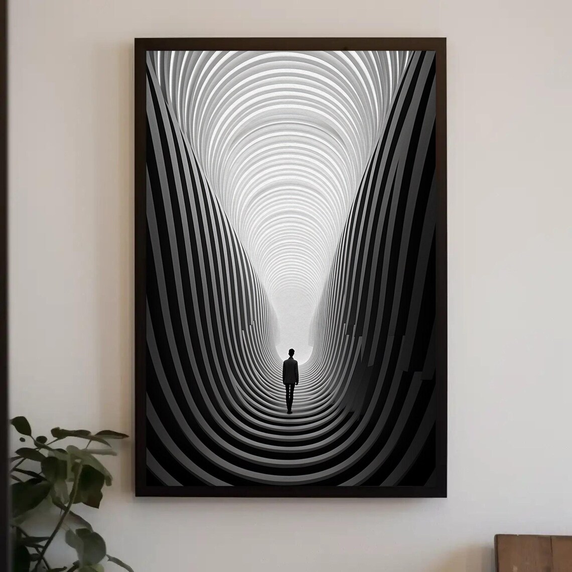 Black and White Abstract Tunnel Lone Figure Minimalist Art Print