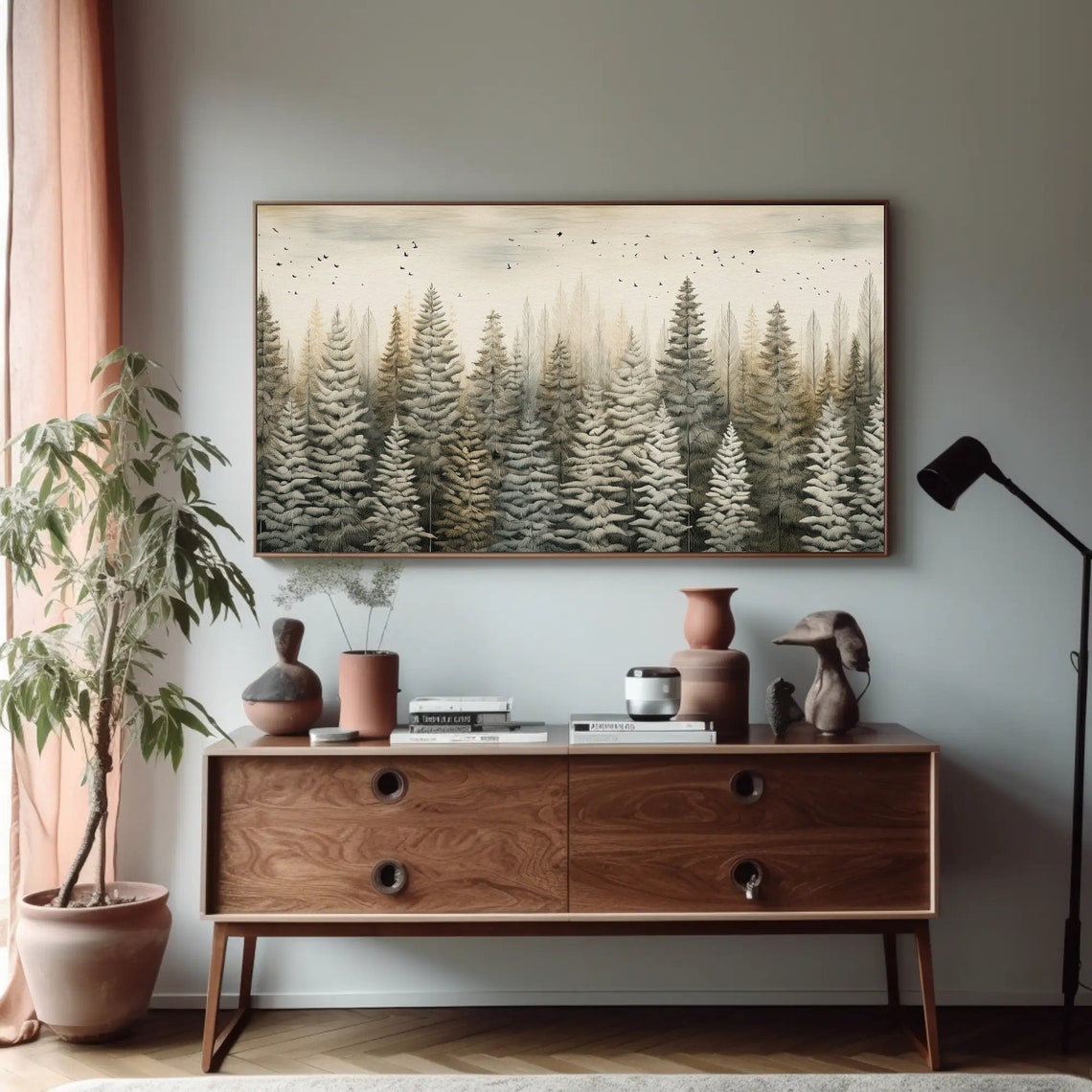 Snowy Pine Forest Panorama With Birds Winter Forest Scene Poster - Image 4