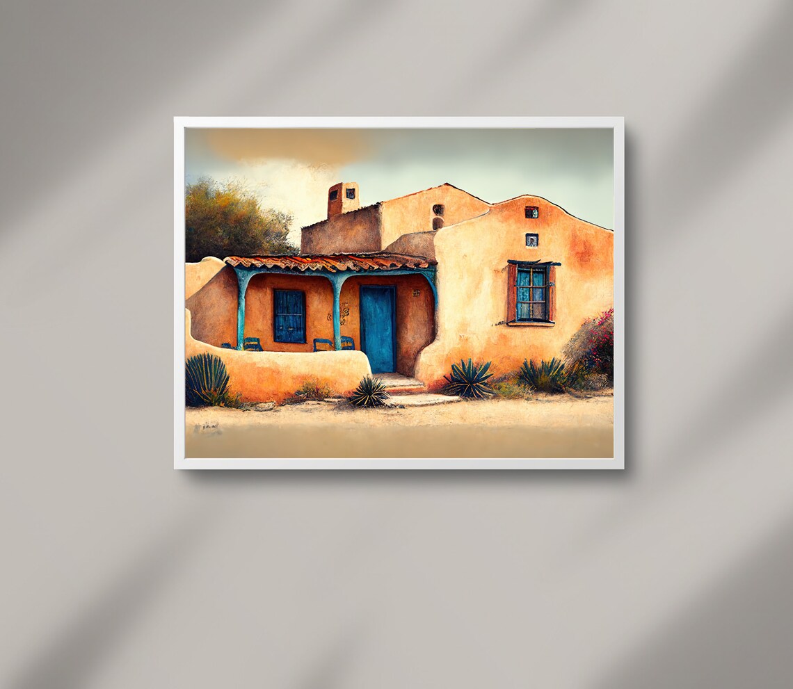 Adobe Pueblo House Blue Doors Desert Plants Southwestern Art Poster - Image 3