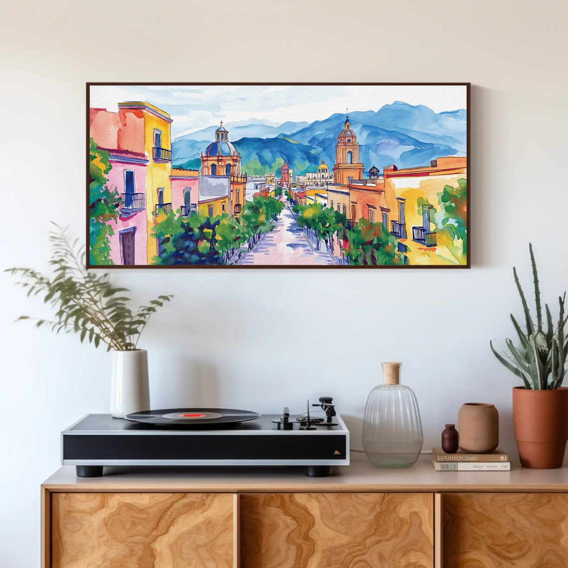 Oaxaca Colonial Street with Churches and Mountains Watercolor Poster - Image 3