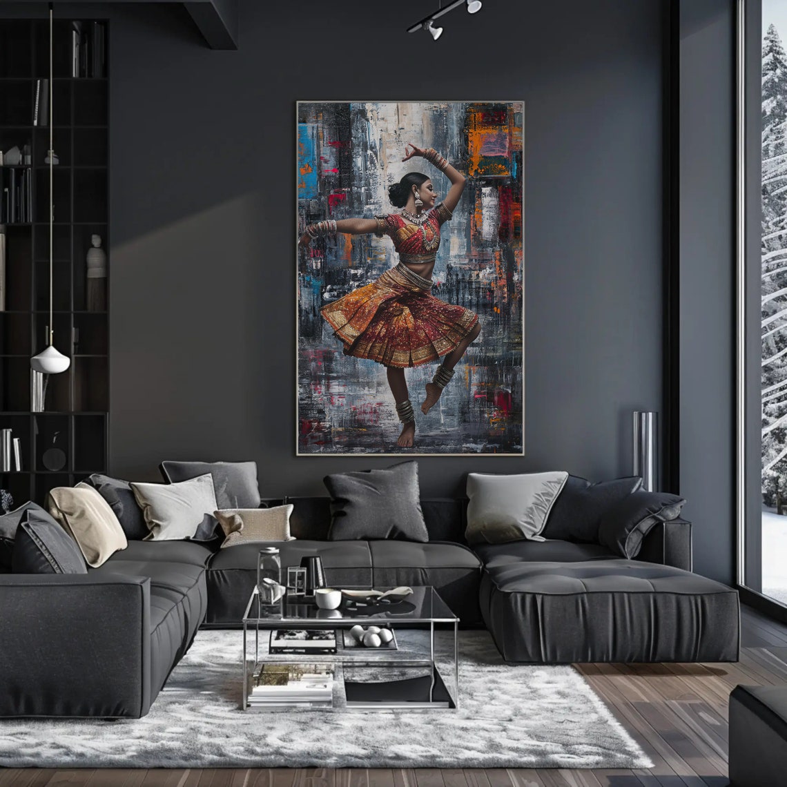 Indian Classical Dancer In Cityscape Abstract Painting Poster - Image 4