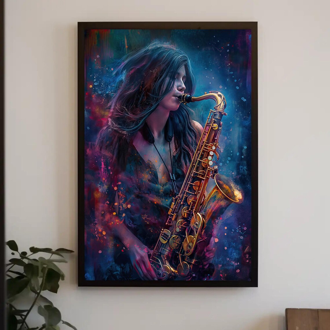 Female Saxophone Player Neon Jazz Music Splash Portrait Artwork Poster