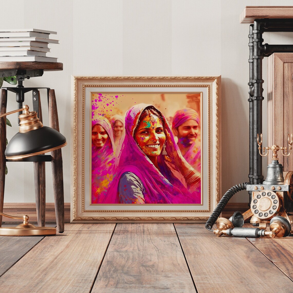 Smiling Indian Woman Dusted With Bright Holi Color Powder Poster - Image 4