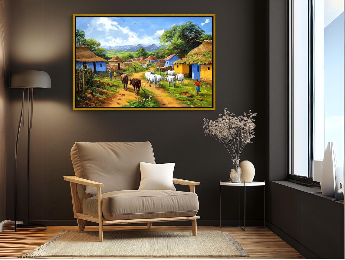 Indian Village Morning with Cattle Walking on Dirt Path Art Poster - Image 3