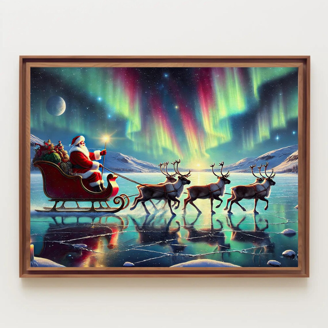 Santa Sleigh Gliding Under Northern Lights On A Frozen Lake Poster - Image 2