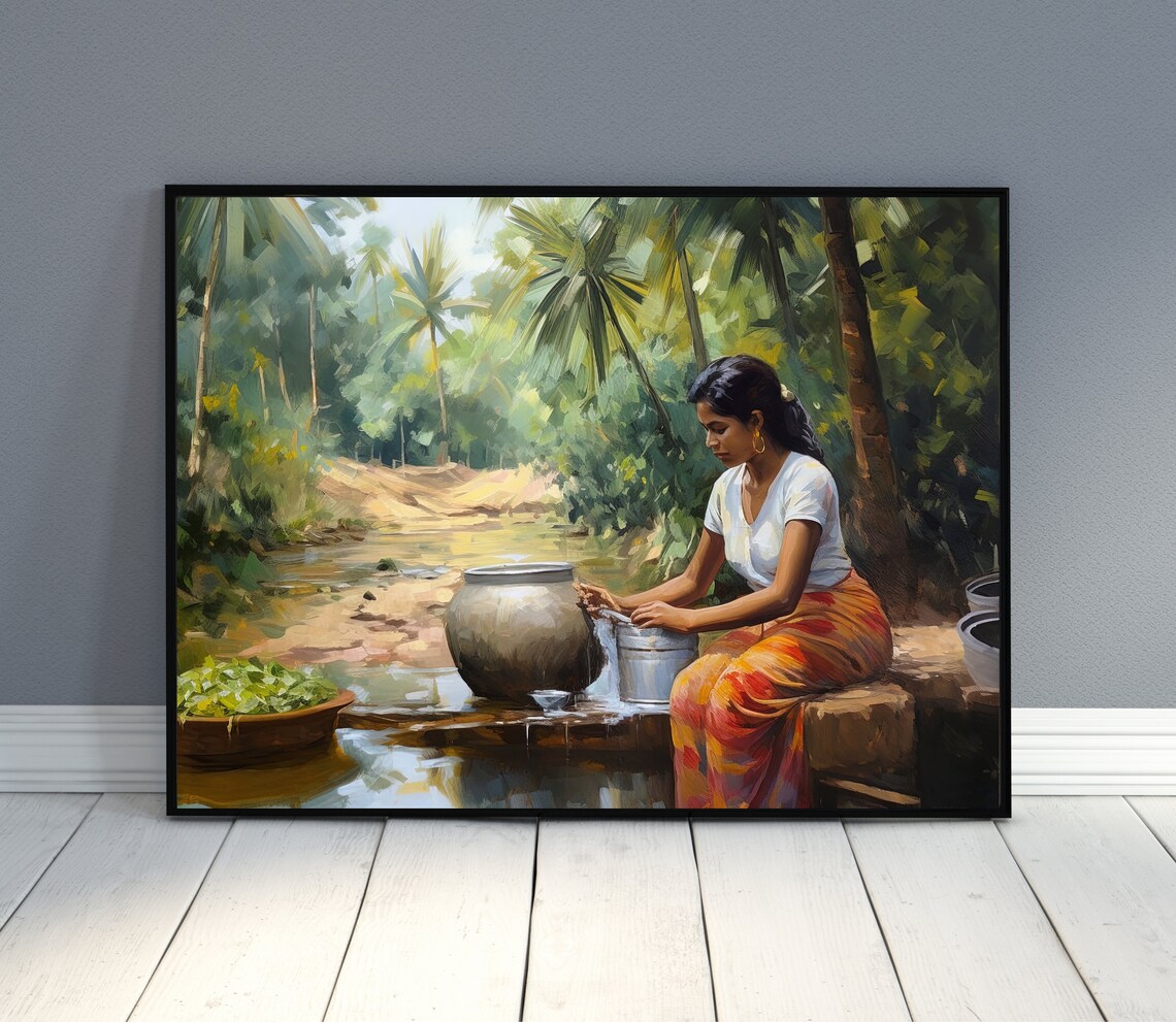 South Indian Woman Washing Utensils At A River South Indian Print South Indian Painting South Indian Home Decor South Indian Wall Art - Image 3