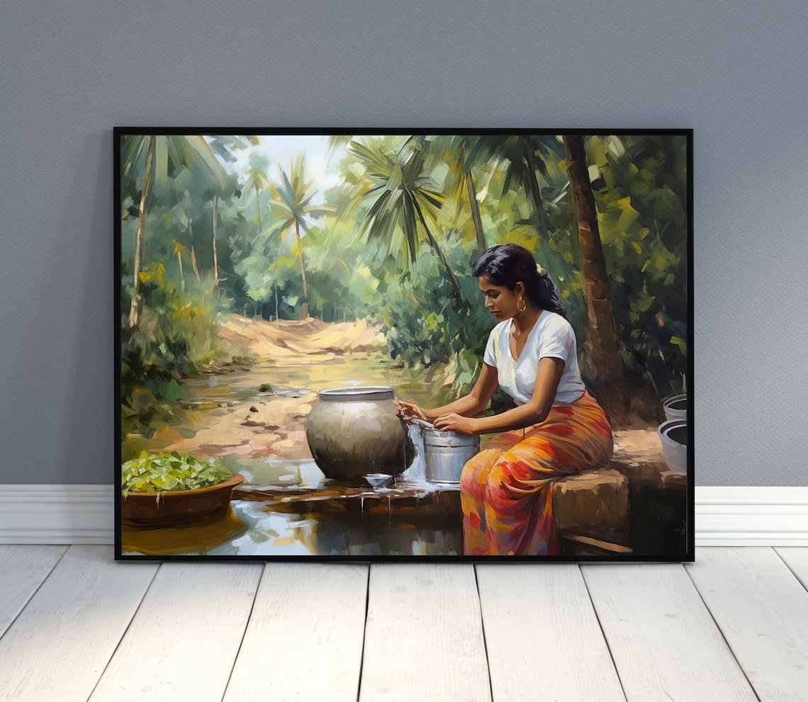 South Indian Woman Washing Utensils by a Jungle Stream Poster - Image 3