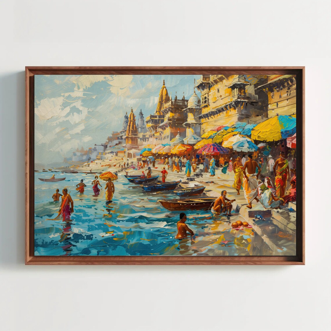 Varanasi Ghats Boats And Temples Colorful India Painting Poster
