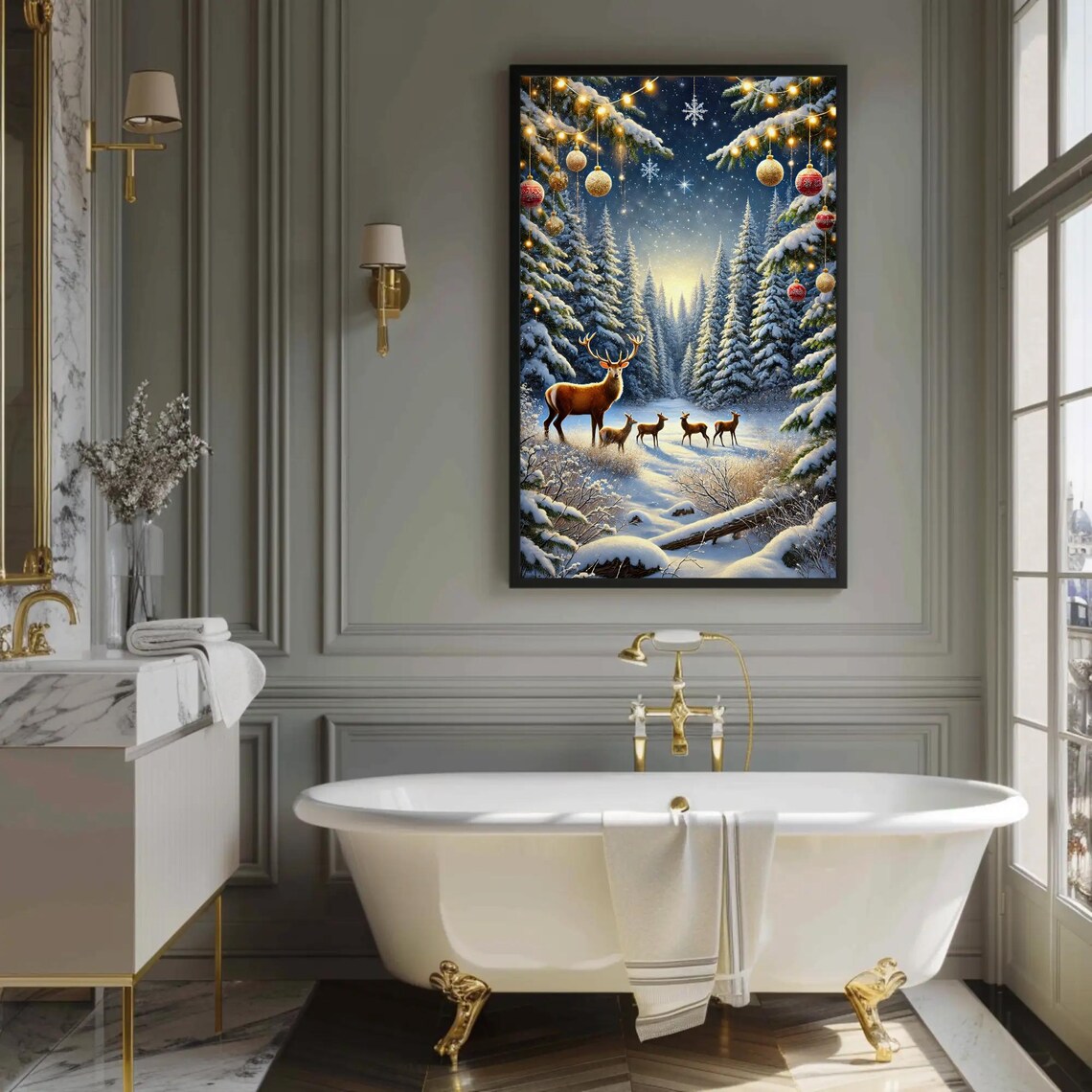 Deer Family In A Snowy Christmas Forest Under The Lights Poster - Image 4