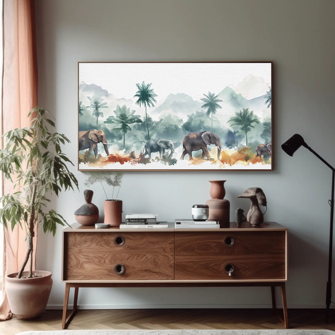 Elephant Herd in Jungle Landscape Watercolor Art Print - Image 4