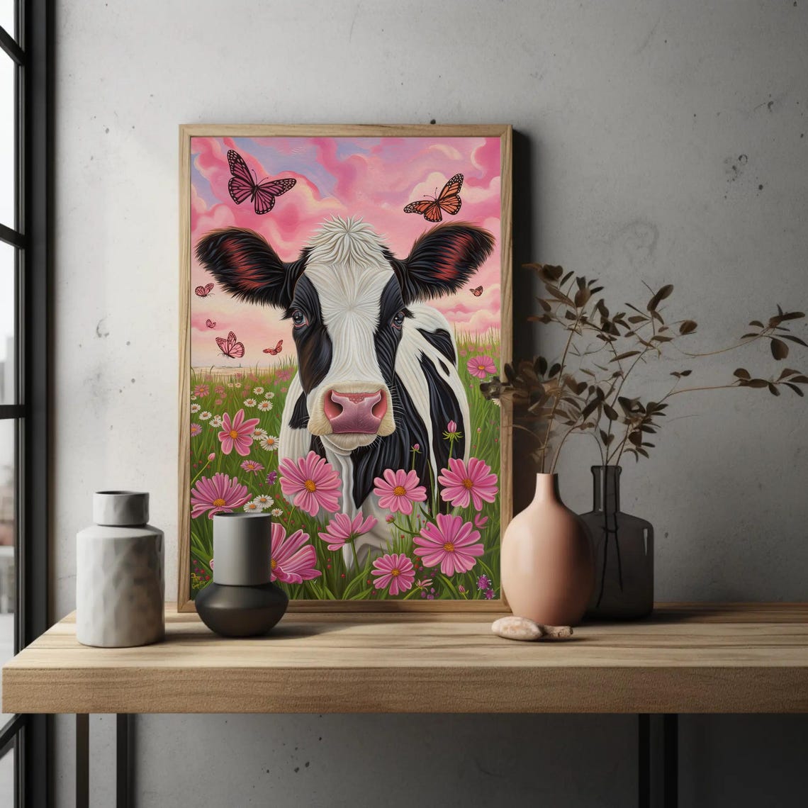 Whimsical Dairy Cow Among Pink Flowers And Butterflies Poster - Image 5