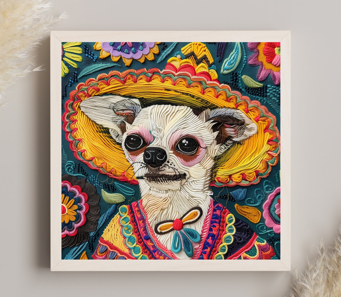 Chihuahua in Sombrero Huichol Yarn Art Poster Mexican Folk Decor
