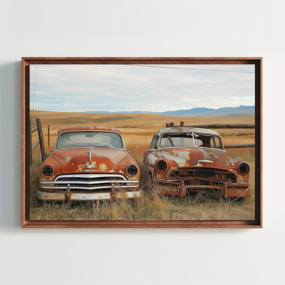Two Rusty Vintage Sedans In Golden Field Classic Automotive Poster